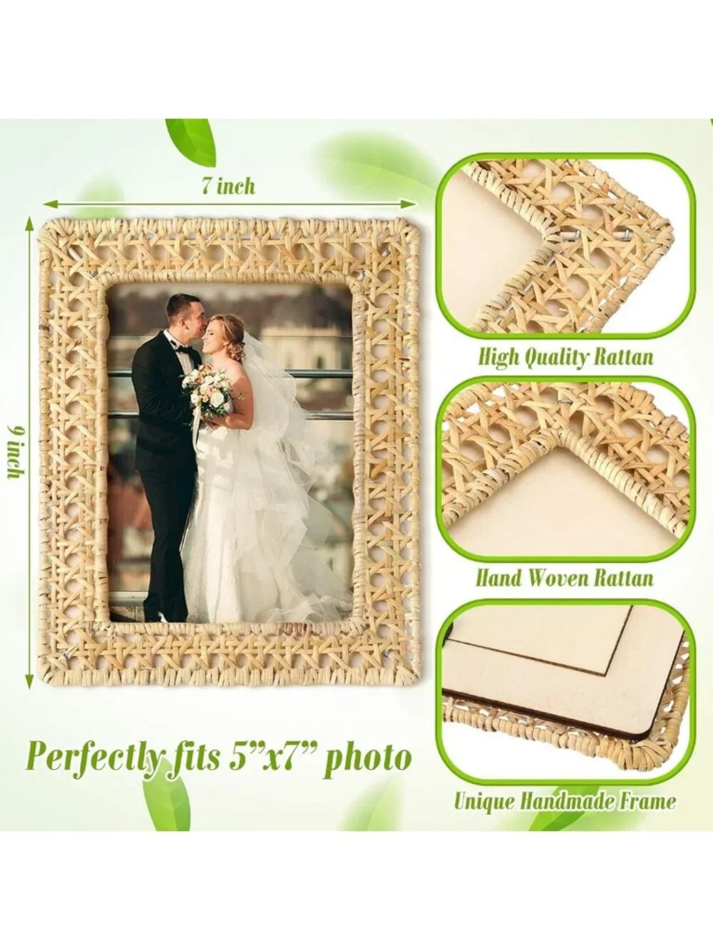 Boho Woven Rattan Picture Frame Set - Rustic Wicker Photo Frames for Tabletop